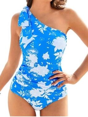 Grace Karin Blue and White Floral One-Shoulder Swimsuit